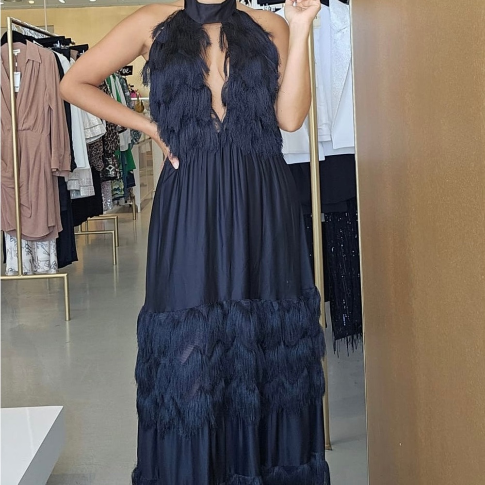 LACE The Label Cutout Fringe Halter Gown